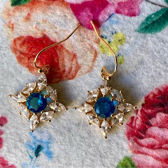 Bomb Party | Blue Center Stone and Clear Marquis Shaped CZ Gold Plated Earrings - Picture 11 of 13